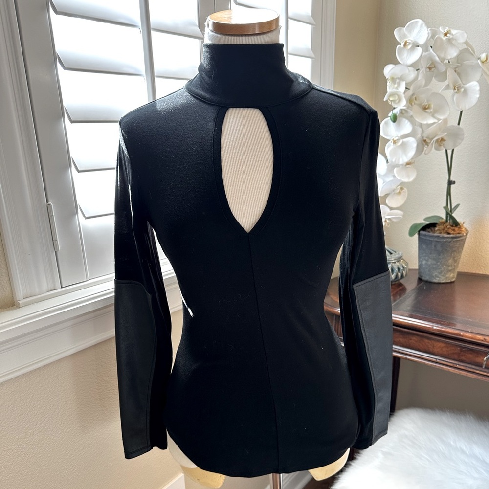 BCBG Keyhole Leather Sleeve Top